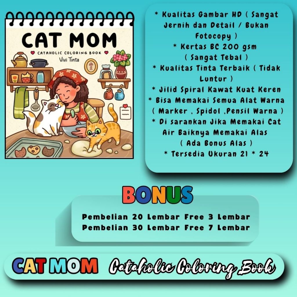 Buku Mewarnai Tema Cat Mom Coloring Book Gambar Kucing Manis Sudah HD Jernih Bagus Kertas Premium 20