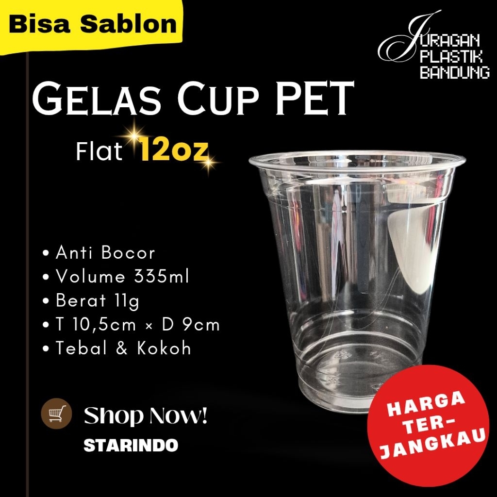 Gelas Cup PET 12oz 335ml Flat, Cup Plastik Bening Bahan Tebal Kokoh
