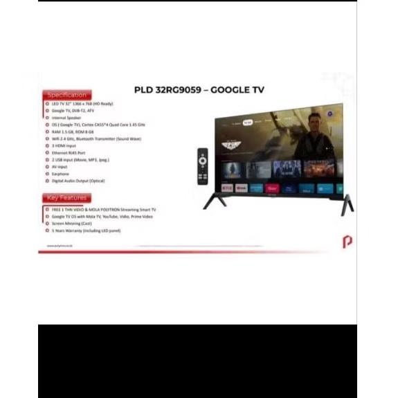 POLYTRON GOOGLE TV Smart Android TV 32 inch PLD 32RG9059 32 RG 9059 Netflix Youtube Khusus BOGOR
