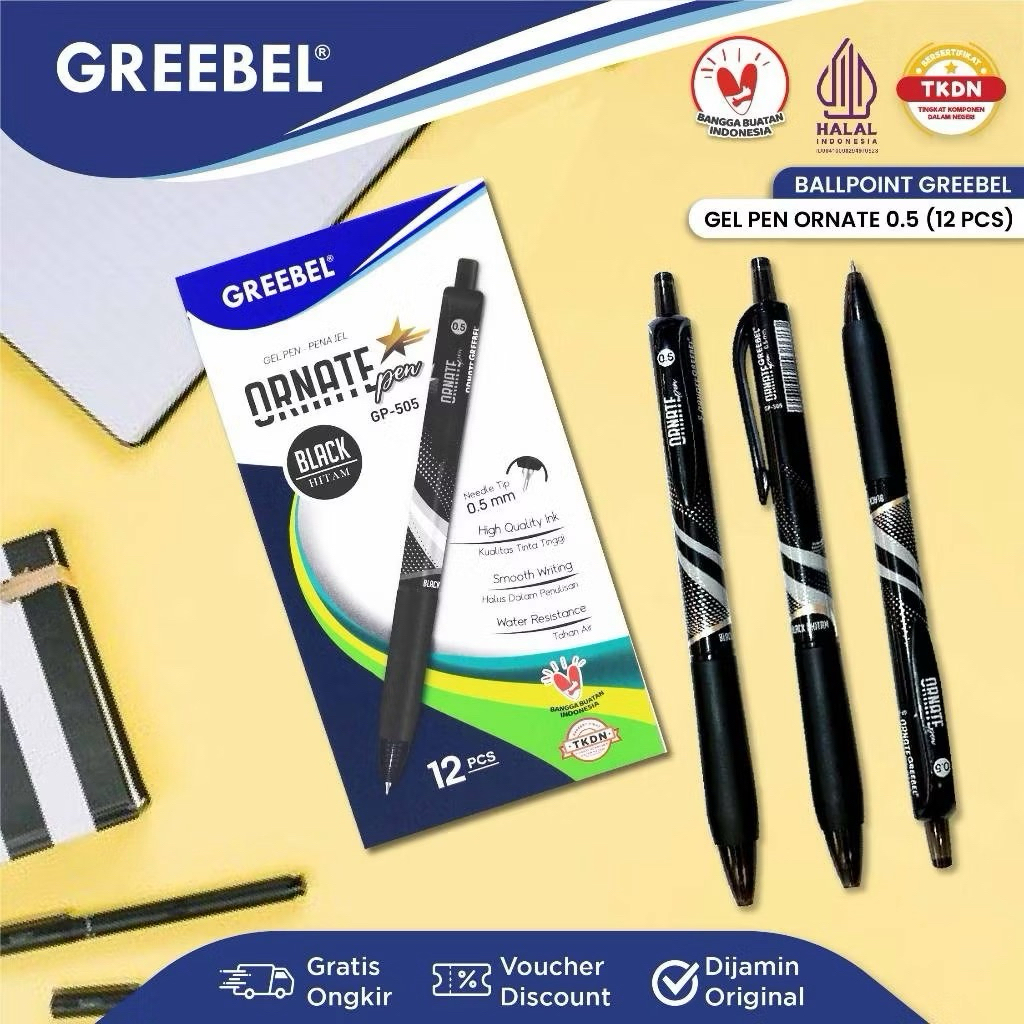 

12 Pcs - GREEBEL Pulpen Gel Ornate GP- 505 0.5 Hitam