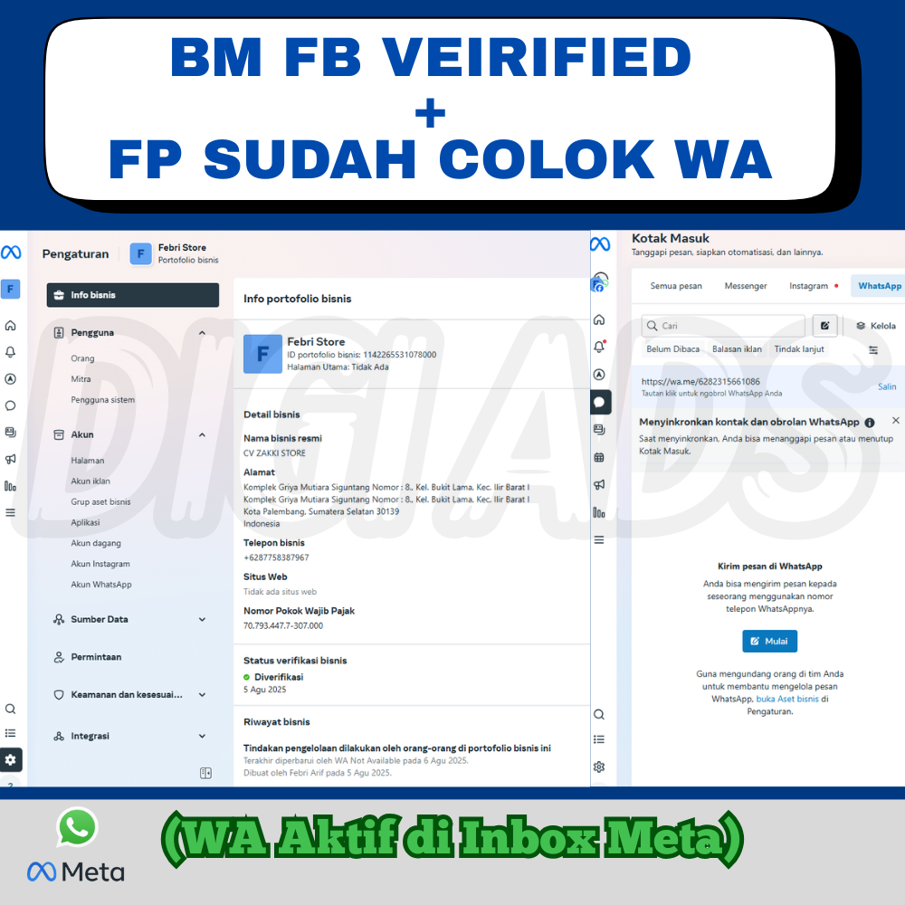 Business Manager Facebook Veirified + Fanspage Sudah Colok Whatsapp
