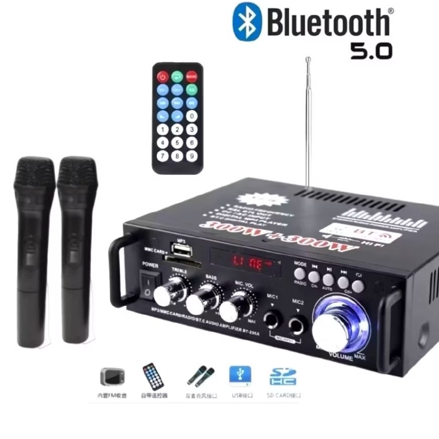 BONUS MIC 2 Audio Power Amplifier 600W Full Bass Fleco BT-298A - Amplifier Bluetooth USB/SD/FM/MP3 -
