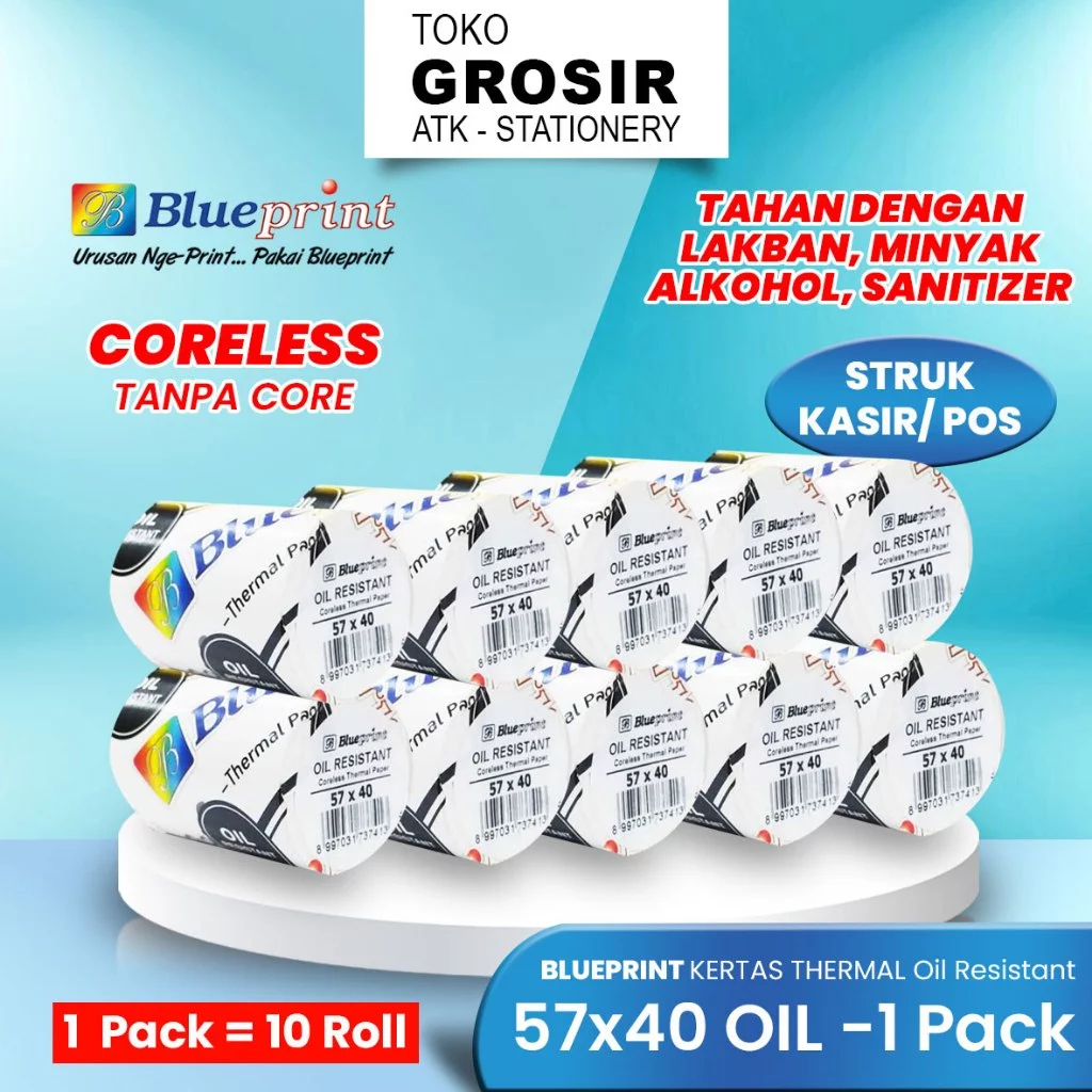 

(LIVE) (PACK) 57x40 Oil Roll Kertas Struk TAHAN LAKBAN BLUEPRINT Thermal Oil 57x40 mm 1Roll - Toko Grosir ATK Stationery