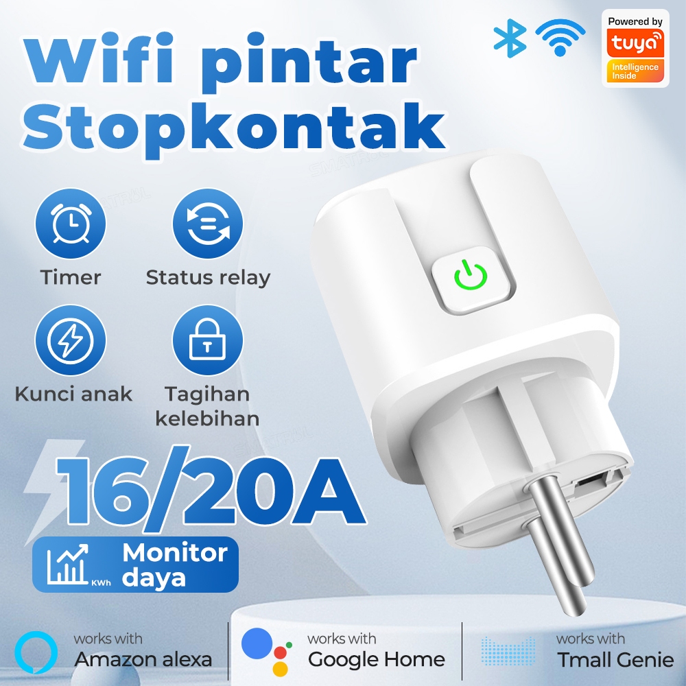 SMATRUL Tuya WiFi Smart Plug 20A/16A Adaptor EU 4400W/3500W Pemanas Air Nirkabel Kontrol Suara Monit