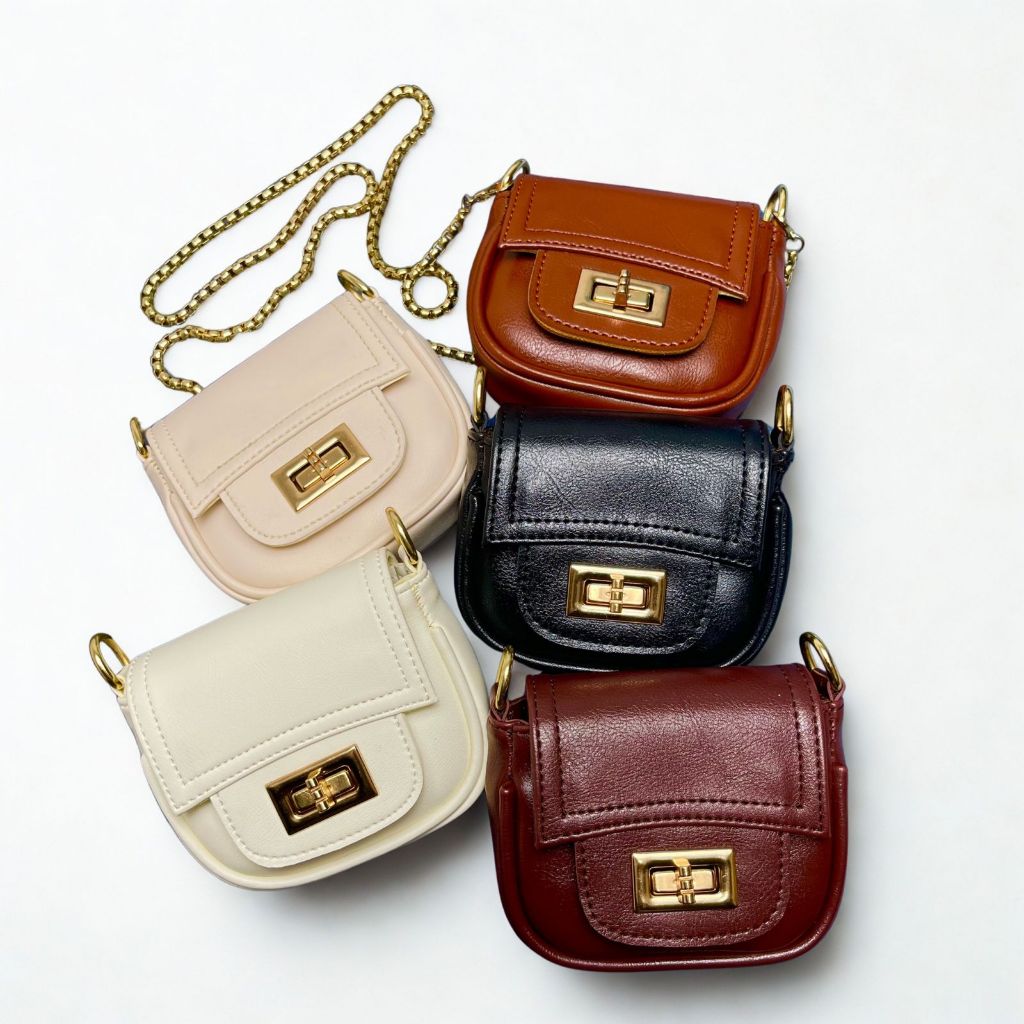 Tas Selempang Wanita Mini Kekinian Rantai Emas – Sling Bag Kulit Sintetis Premium Elegan