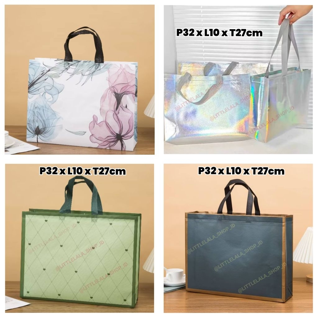 

Tas Kado Canvas tahan air/waterproof Silver & Hijau 32x10x27cm/paperbag kado