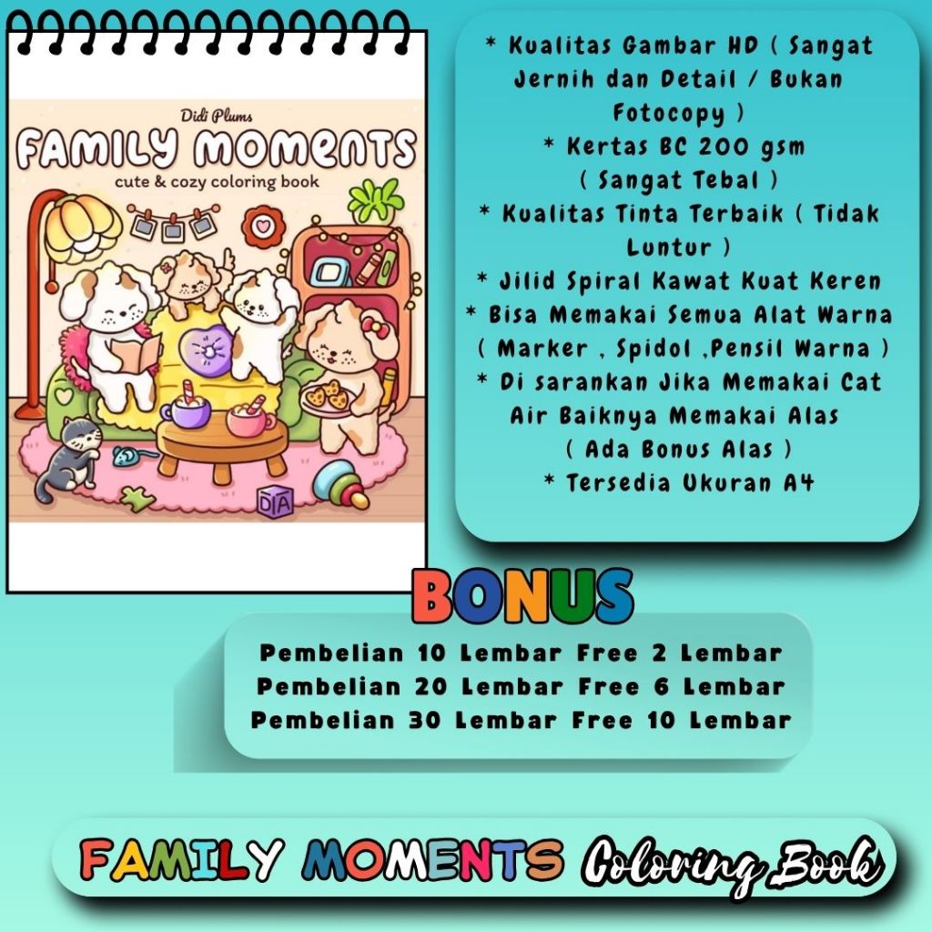 

FAMILY MOMENTS Buku Mewarnai Bagus Tema Keren Gambar HD Sangat Jernih Coloring Book Kertas 200 gsm Tebal Untuk Semua Usia Jilid Spiral Kawat Kuat