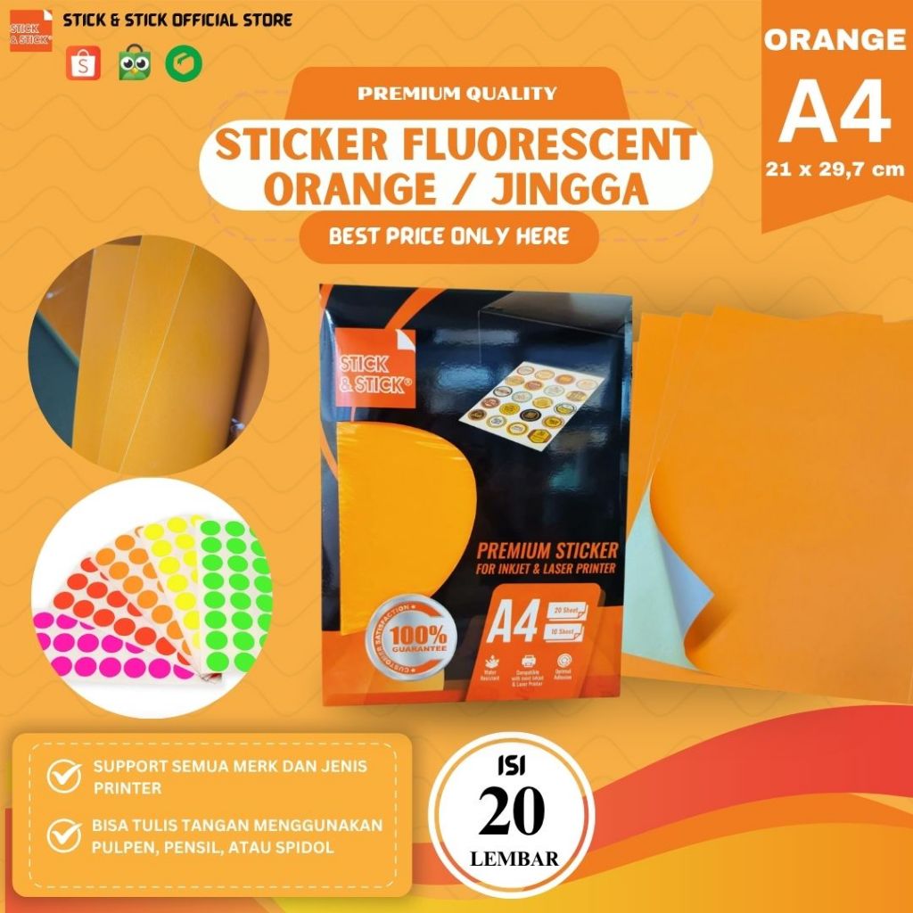 

Sticker Fluorescent Orange 70 gsm A4 20 Lbr / Stiker peringatan, Warna lebih nyala, stiker branding
