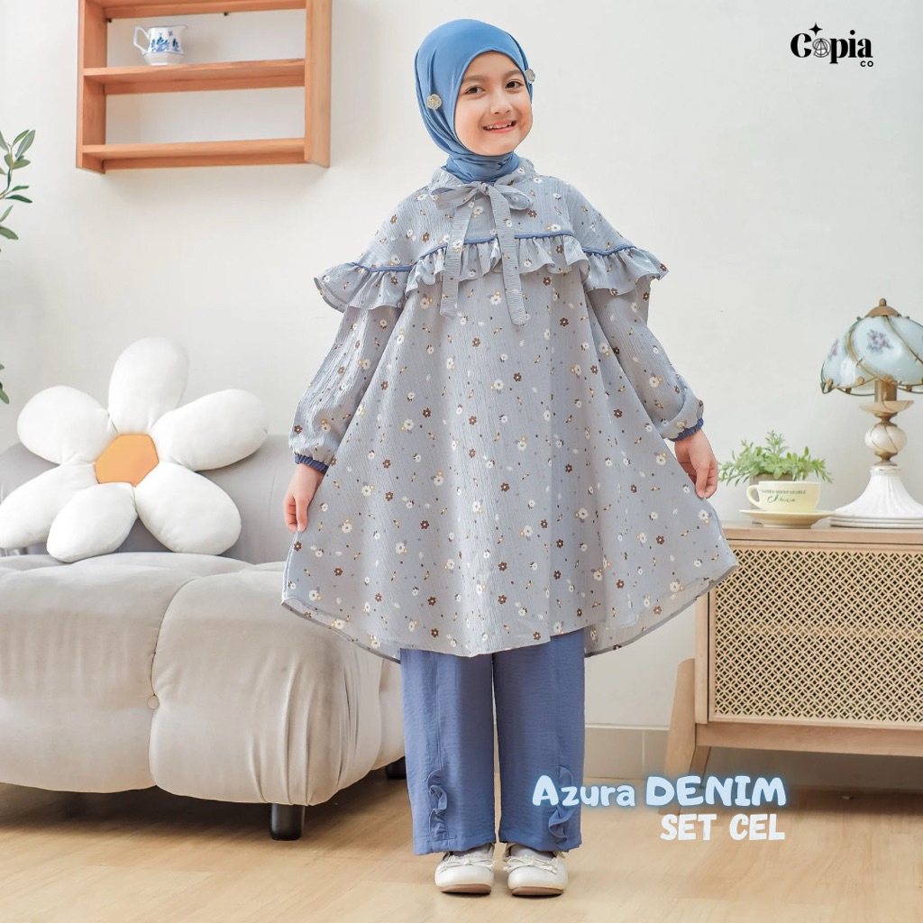 Copiaco - Azura Setelan Long Tunik Set Celana Anak Perempuan Umur 3-12 Tahun Denim