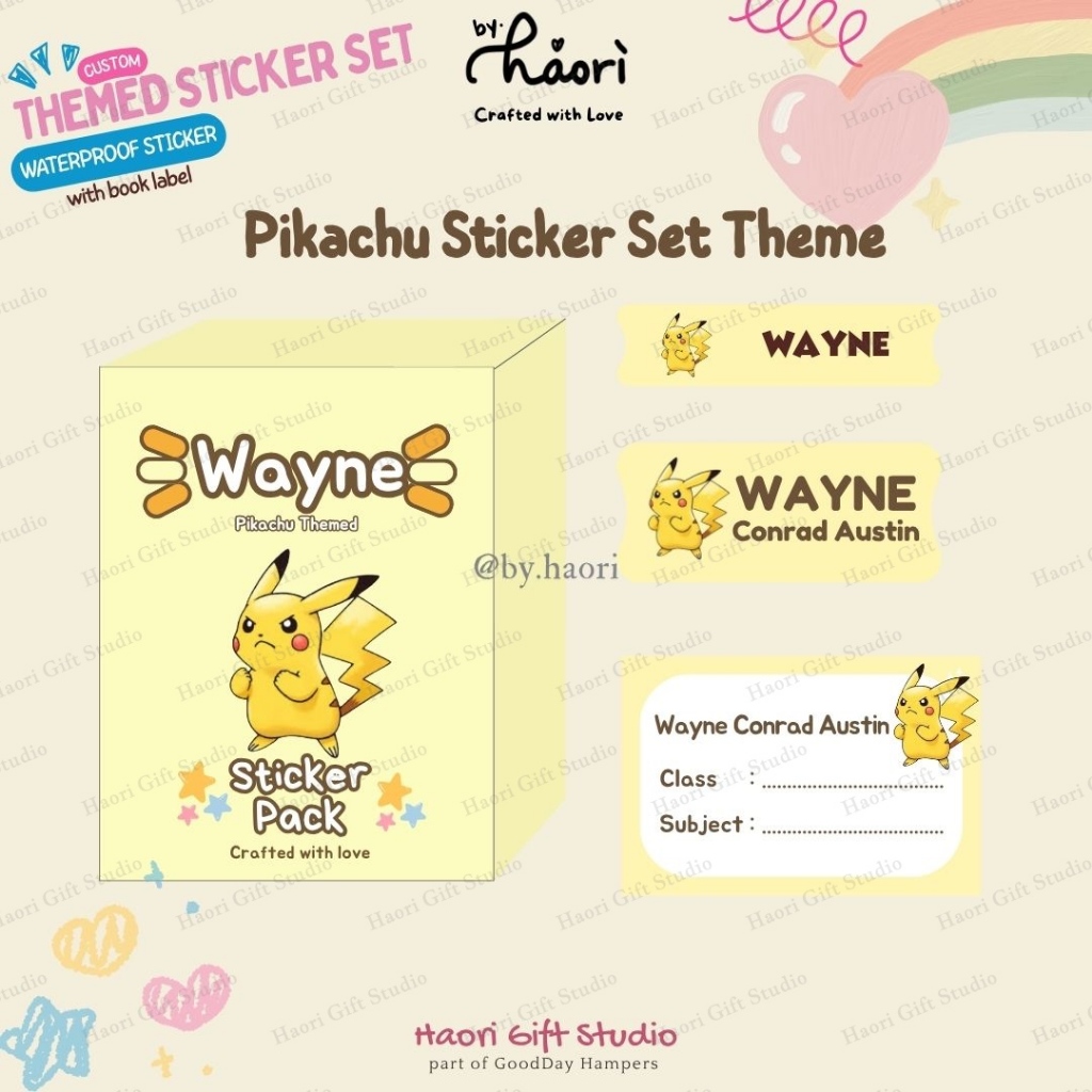 

by.haori - Sticker Nama Custom Pokemon Pikachu Waterproof Anti Air Stiker Box Pack Nama Anak