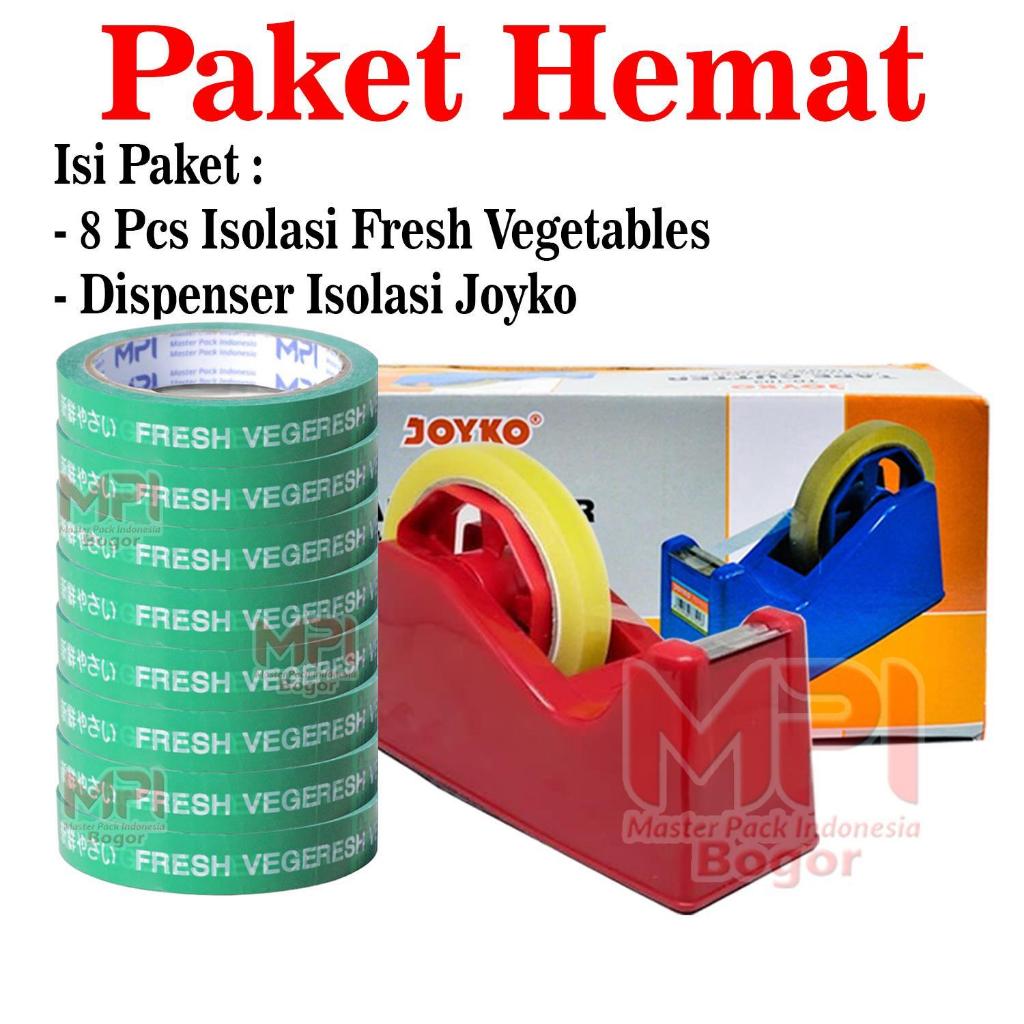 

Paket Hemat 8 Pcs Lakban Isolasi Fresh Vegetables 18mm x 50 Meter Hijau Tulisan Fresh & Dispenser Joyko
