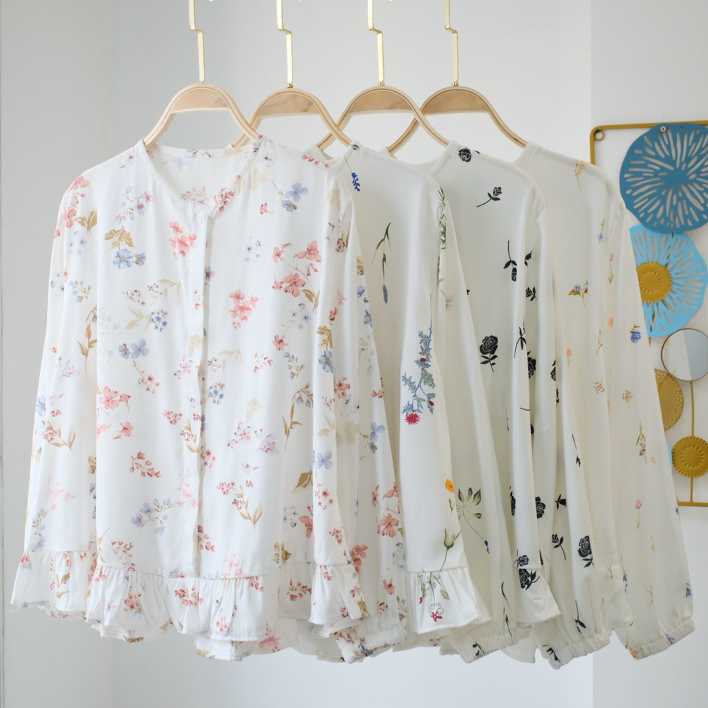 Atasan Wanita Motif Bunga / Blouse Kemeja Full kancing / Atasan Blouse Ruffle Vintage Korean Look