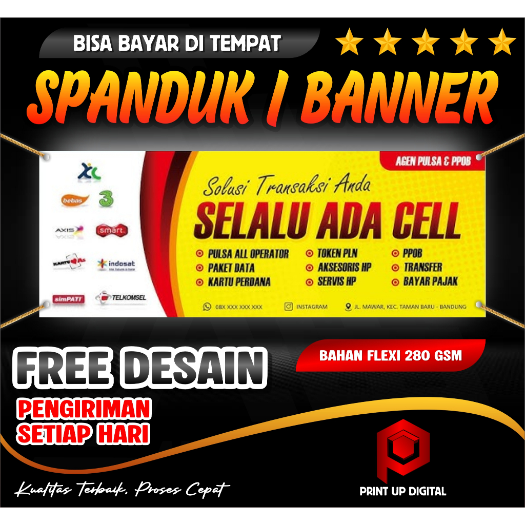 SPANDUK KONTER JUALAN PULSA, UK 300 X 100 CM, DESAIN GRATIS