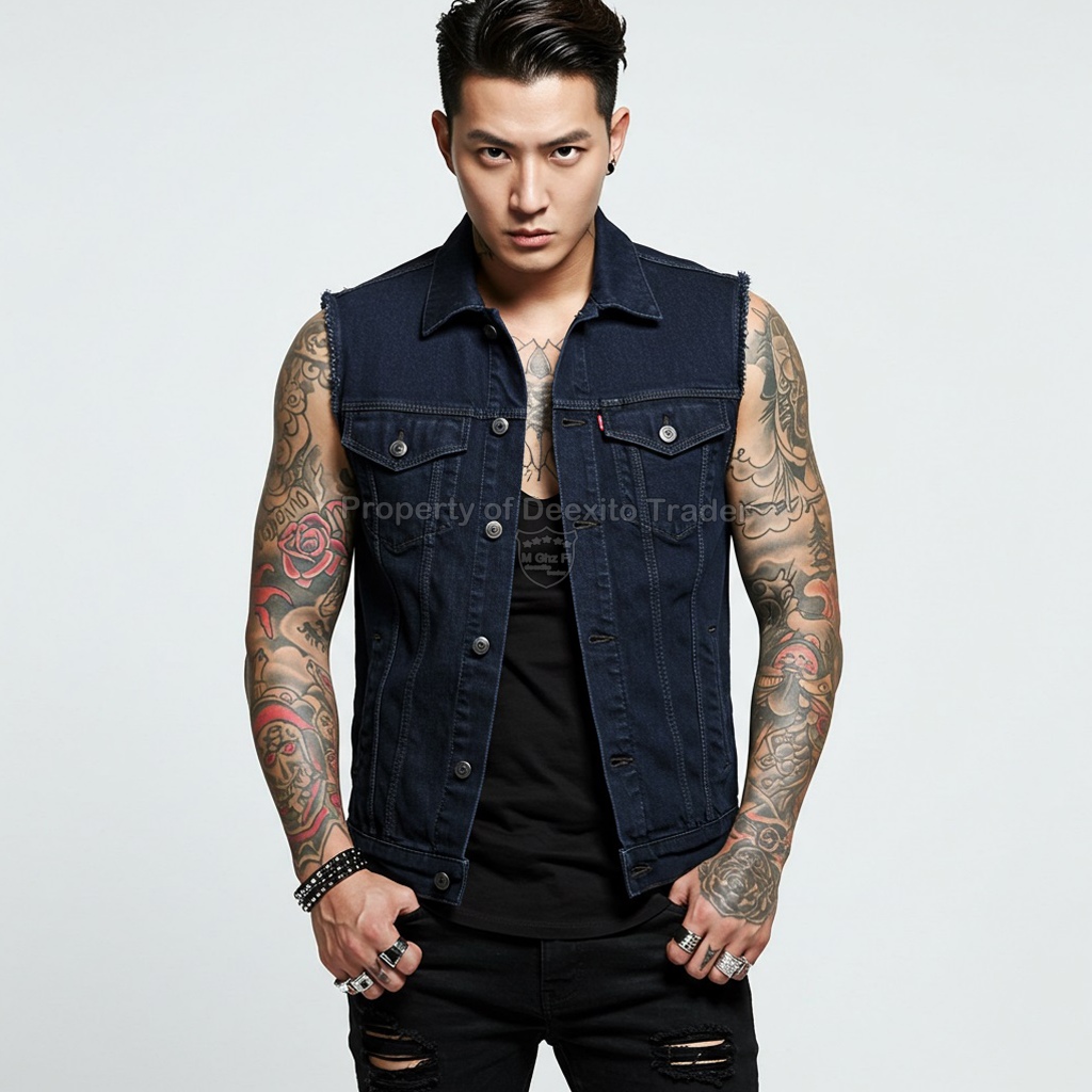 ROMPI JEANS PRIA PREMIUM Rompi Denim Tanpa Lengan Streetwear Fashion Korea Style Keren Gaya Kekinian
