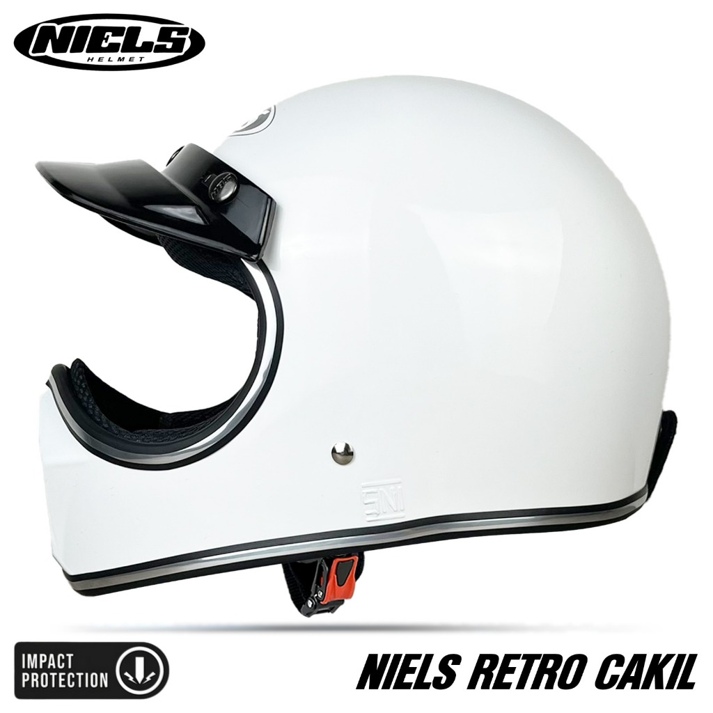 HELM NIELS Cakil white/putih Helm Full Face Retro List Chrome Free Pet SNI