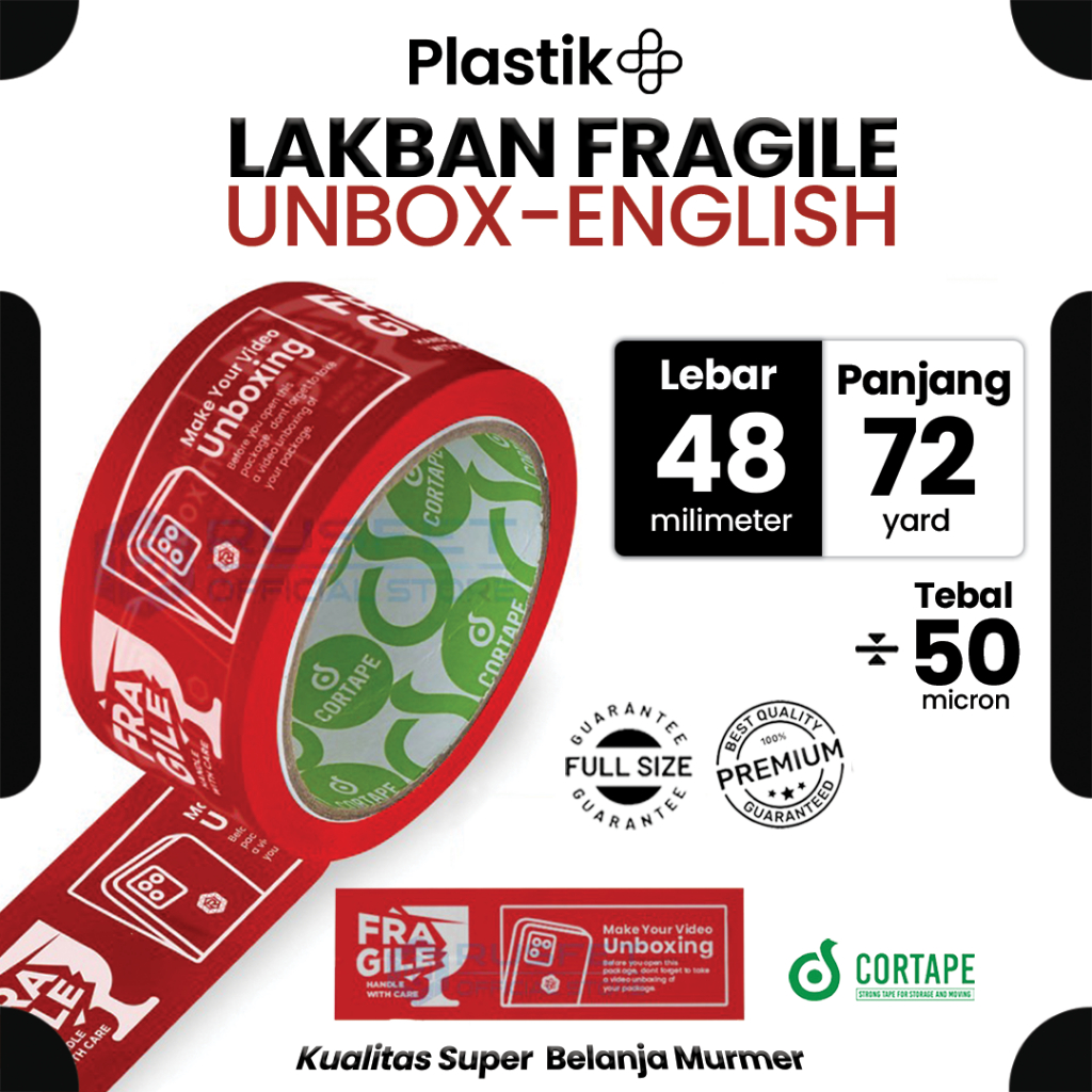 

Lakban / Selotip / OPP Tape Printing Fragile 2inch 45mm x 72 yard Fragile Unboxing Inggris / English