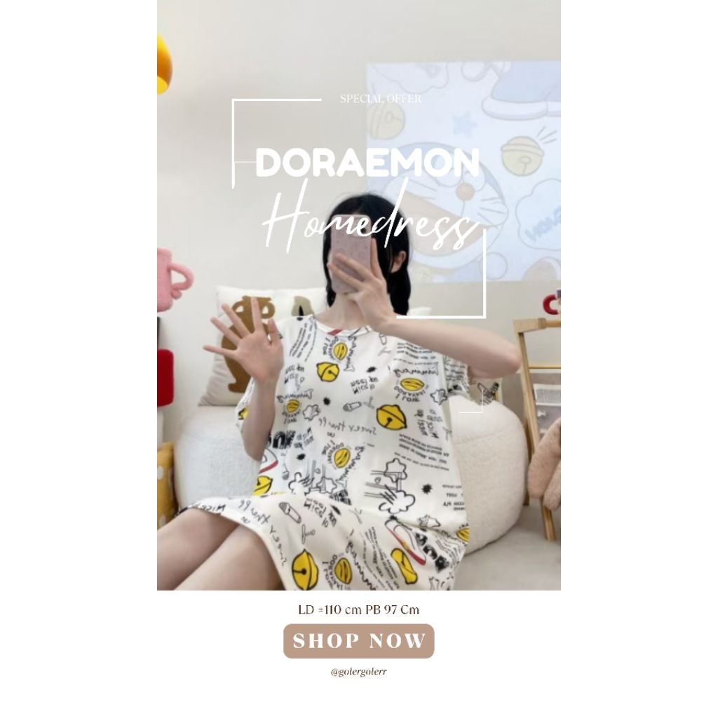 HOME DRESS LONCENG DORAEMON DASTER PIYAMA GOLERAN WANITA DEWASA NO POUCH