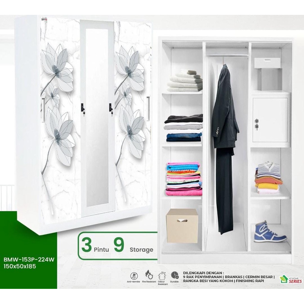 BMW LEMARI PAKAIAN BESI SLIDING 3 PINTU 150CM & 2 PINTU 120CM || LEMARI PAKAIAN PINTU GESER || LEMAR