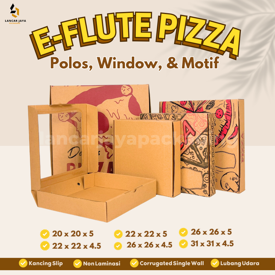 

E-Flute Box Pizza Window Polos Motif Kardus Packaging Makanan Kue Hampers Souvenir 20 22 25 cm
