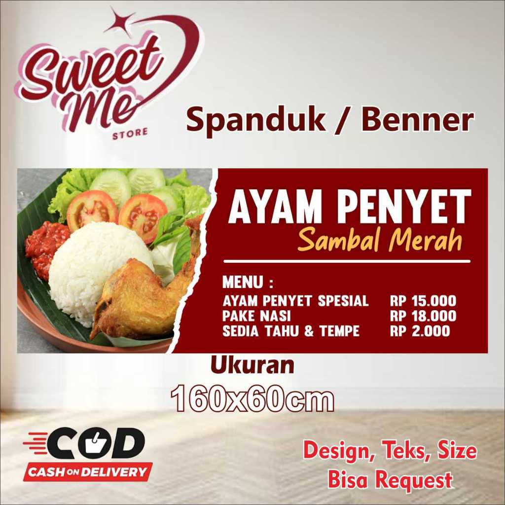 spanduk benner ukuran 160x60 cm ayam penyet sambel merah free custom desain