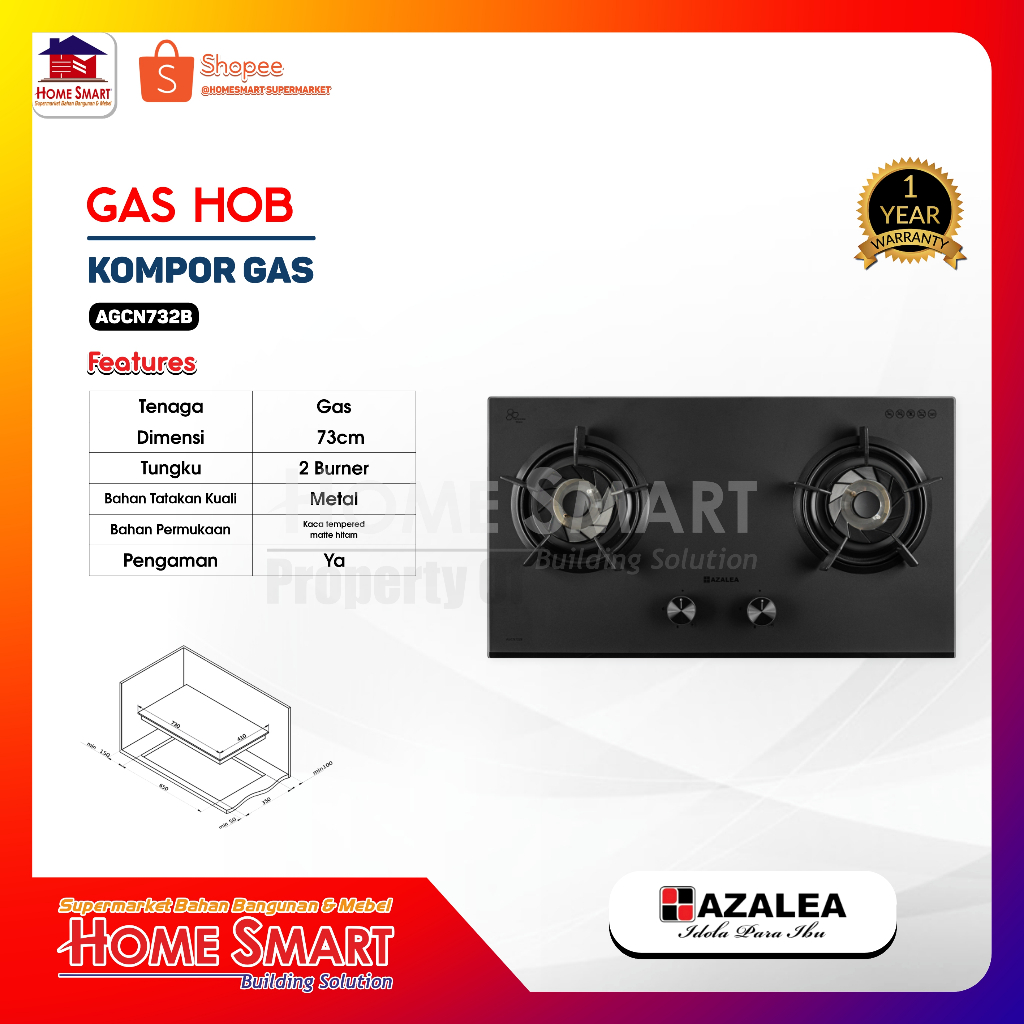 Kompor Tanam Gas 2 Tungku Azalea AGCN732B Garansi Resmi
