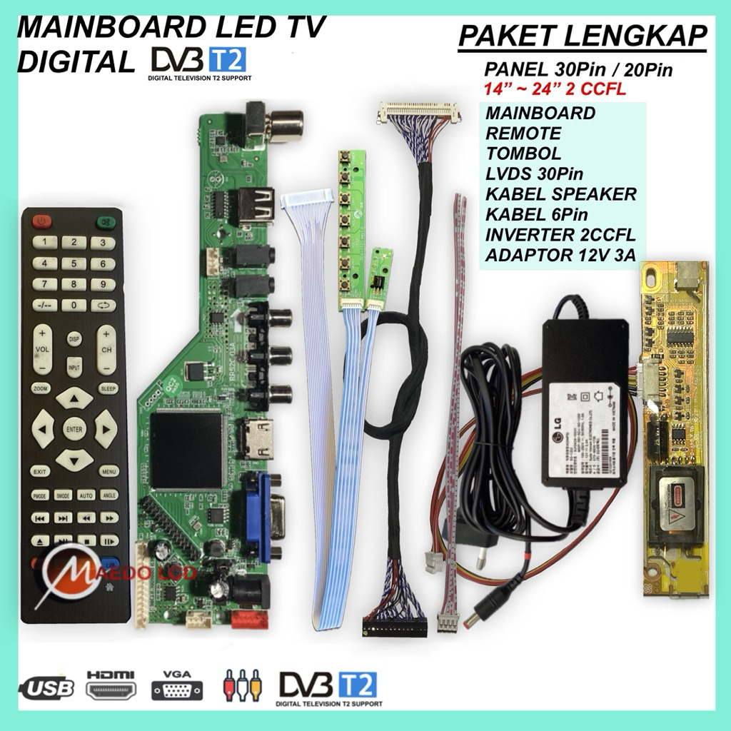 Universal LCD TV Board Digital DVBT2 Paket lengkap panel 12" - 24" 20Pin 30Pin 1-2 CCFL