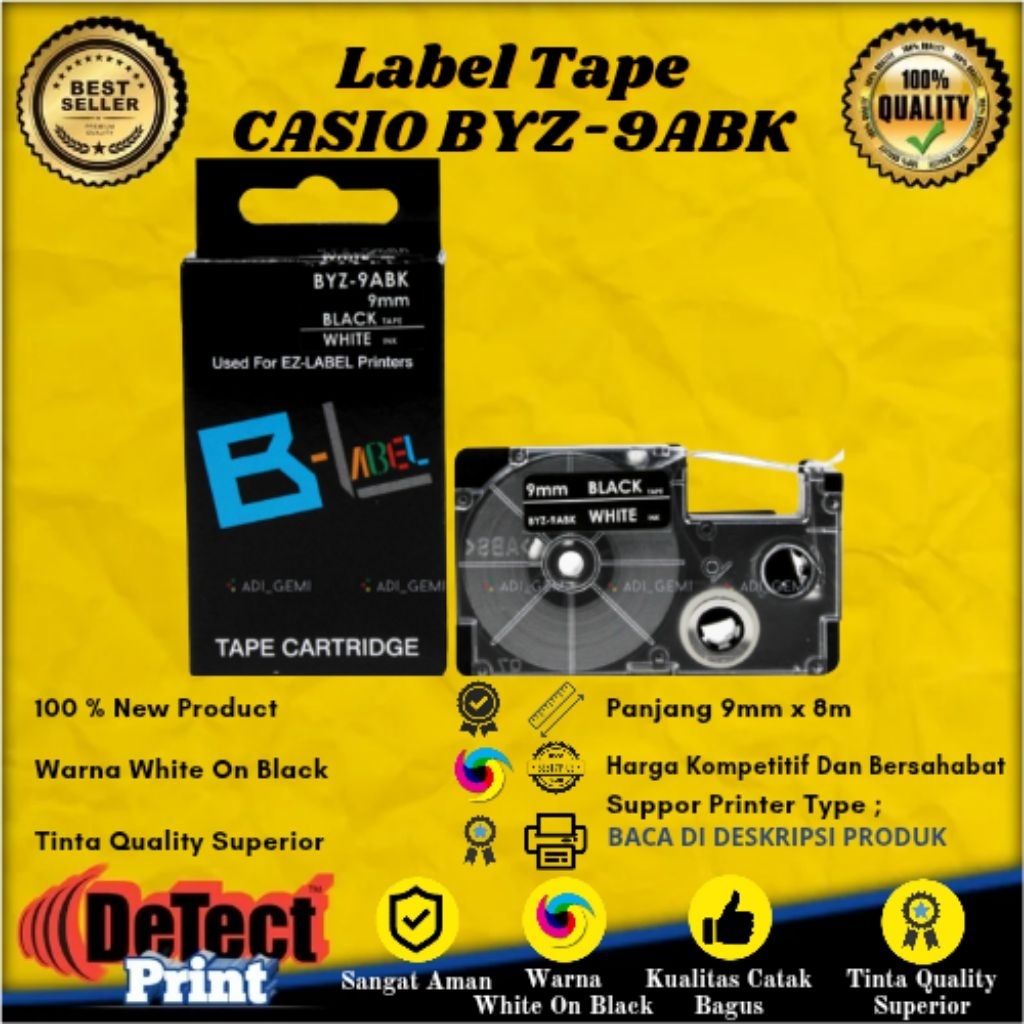 

Label Tape Casio BYZ White On Black 9mm x 8m Compatible Label Tape BYZ 9ABK