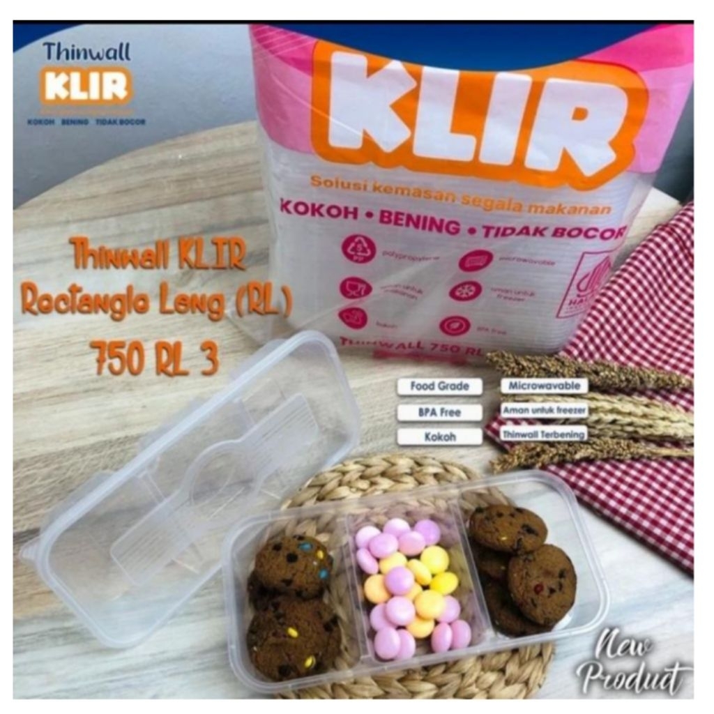 Thinwall 3 Sekat 750 ml Rectangle Long merk KLIR. Harga Tertera untuk 25 pcs