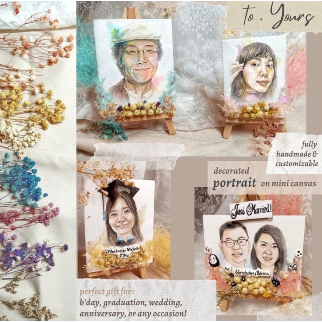 HANDRAWN PORTRAIT ON MINI DECORATIVE CANVAS / CUSTOM LUKISAN CANVAS / KARANG BUNGA LUKISAN / KADO UL