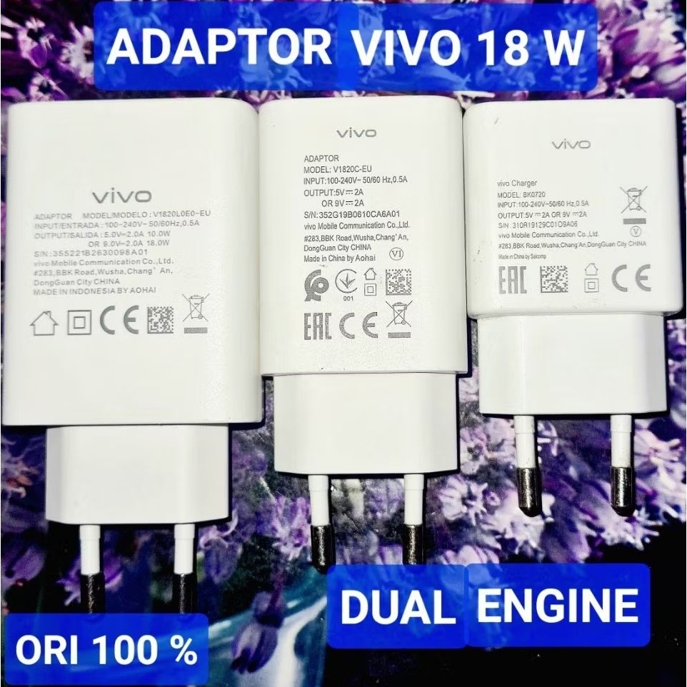 ADAPTOR BATOK CARGER CAS VIVO 18 WATT FAST CHARGING DUAL ENGINE ORI BAWAAN HP VIVO Z1 PRO, S1, Y17, 