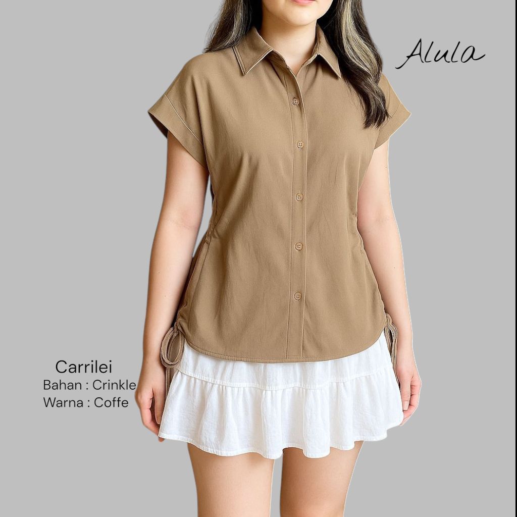 CARILLEI | Kemeja Crop Wanita Crinkle Lengan Pendek Tali Samping S - XXL baju atasan wanita terbaru
