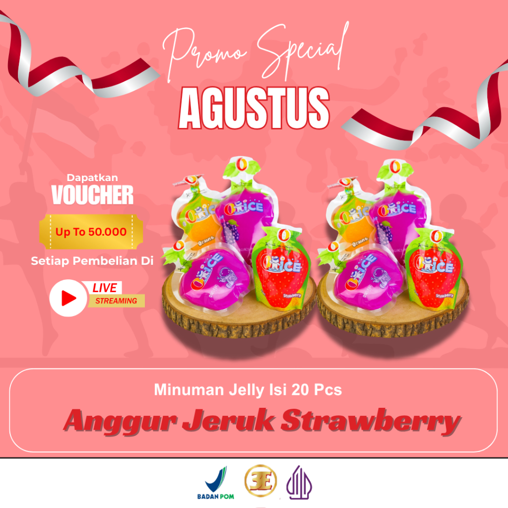

Promo/Sale/O Ice/Jelly/Jeli/Ager Pack Assorted (Anggur - Jeruk - Strawberry)/Isi 20 pcs (Harga dua pack)