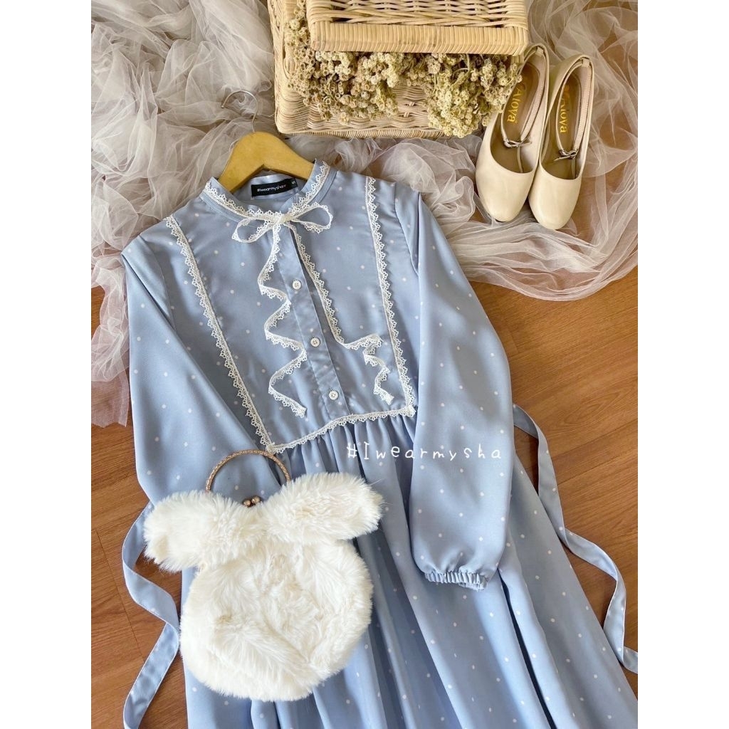 BEST SELLER MYSHA IWEARMYSHA CHLOE DRESS : POLKA IN BLUE GAMIS POLKADOT VINTAGE KOREAN DRESS TERBARU