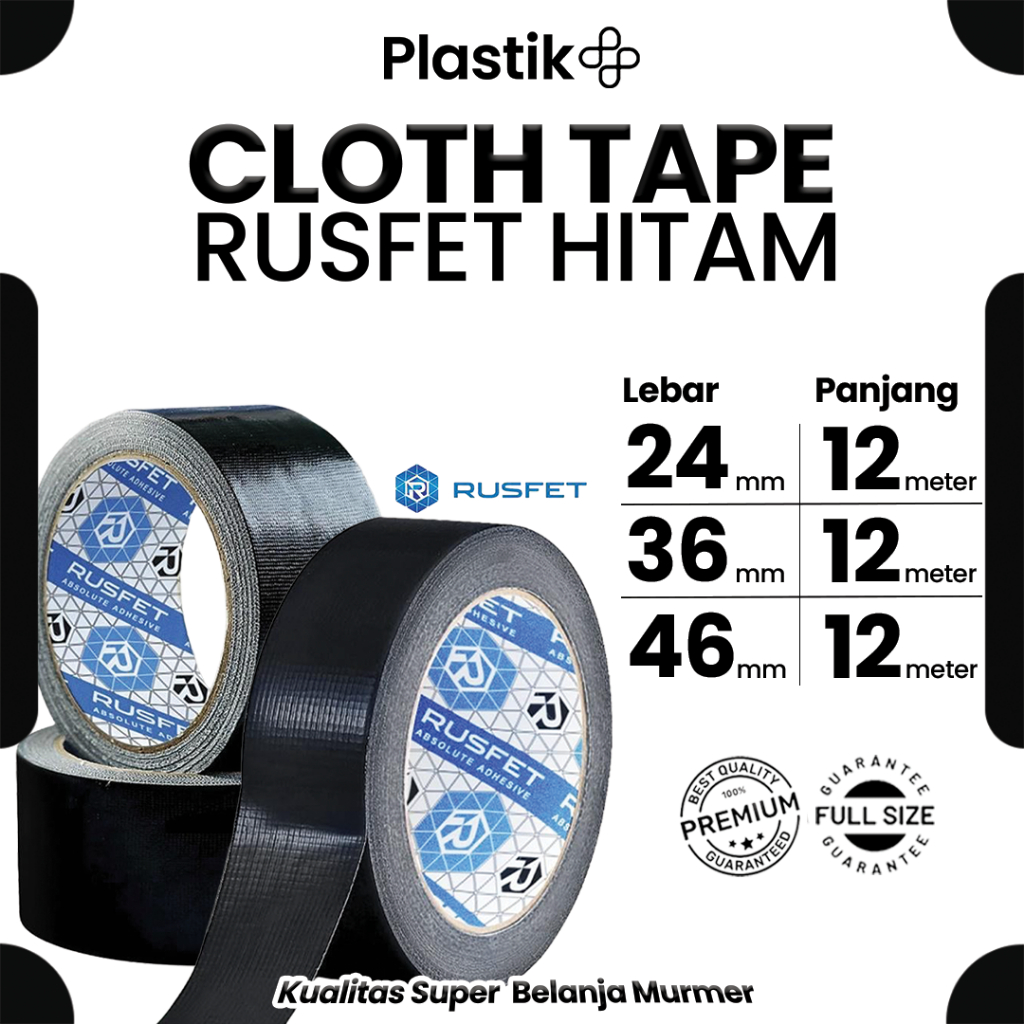 

Lakban Kain Hitam Tebal (Cloth Tape) Isolasi / Solatip Kain Merek Rusfet Harga Ecer Satuan termurah