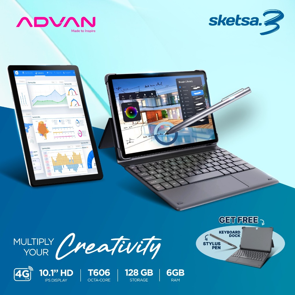 [RAM LEBIH BESAR] ADVAN Tab Sketsa 3 | Dual Sim Card 4G LTE | Layar 10.1” HD IPS | 128GB+RAM 6GB | T