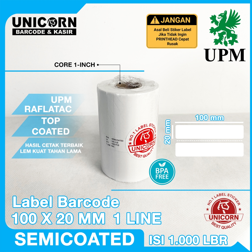 

Stiker Label Barcode Semicoat 100x20 mm / 100 x 20 mm / 100x20mm isi 1000 Lembar