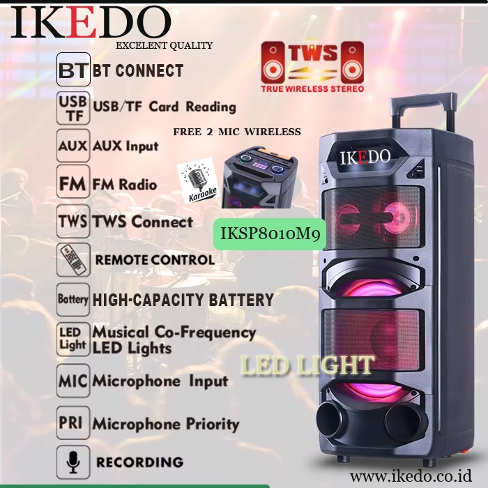IKEDO Speaker Aktif 10 inch Bluetooth Extra Bass Wireless Karaoke Portable TWS Speaker IKSP8010F9Q [