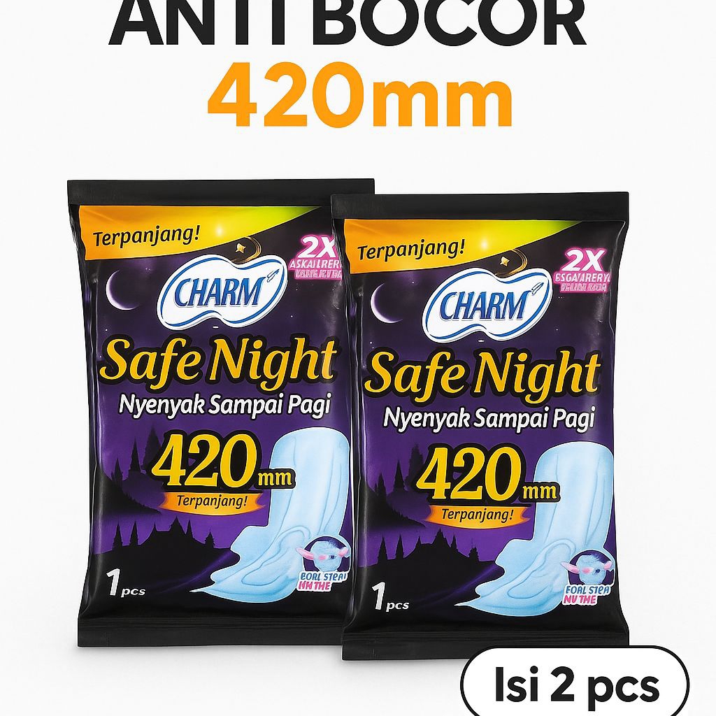 Charm Safe Night 420mm – Pembalut Malam Ekstra Panjang Anti Bocor (Isi 2 pcs)