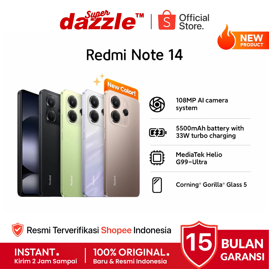 [ TERLARIS ] HP Xiaomi Redmi Note 14 4G LTE 8/256 8/128 6/128 GB Original 100% Garansi Resmi 15 Bula