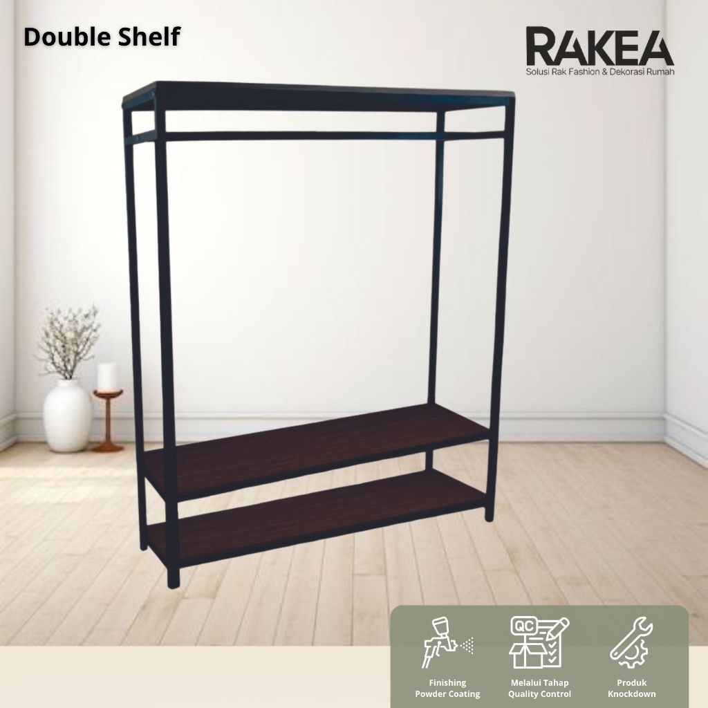 RAK BAJU DOUBLE SHELF - GAWANG BAJU BESI DAN KAYU - GANTUNGAN BAJU 1 ARAH AESTHETIC  FURNITURE