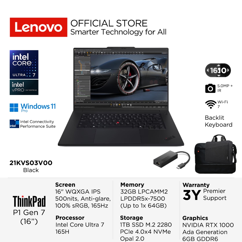 Lenovo ThinkPad P1 Gen 7 3V00 Intel Core Ultra 7 165H Intel vPro NVIDIA RTX 1000 Ada Generation 6GB 