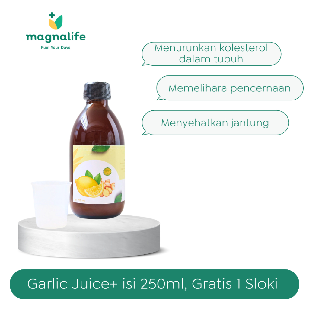 

Magnalife - Garlic Juice Plus Ramuan Herbal Jus Bawang Putih Tunggal dengan Cuka Apel, Lemon, Jahe, dan Madu Hutan isi 250ml + BONUS 1 Sloki Plastik