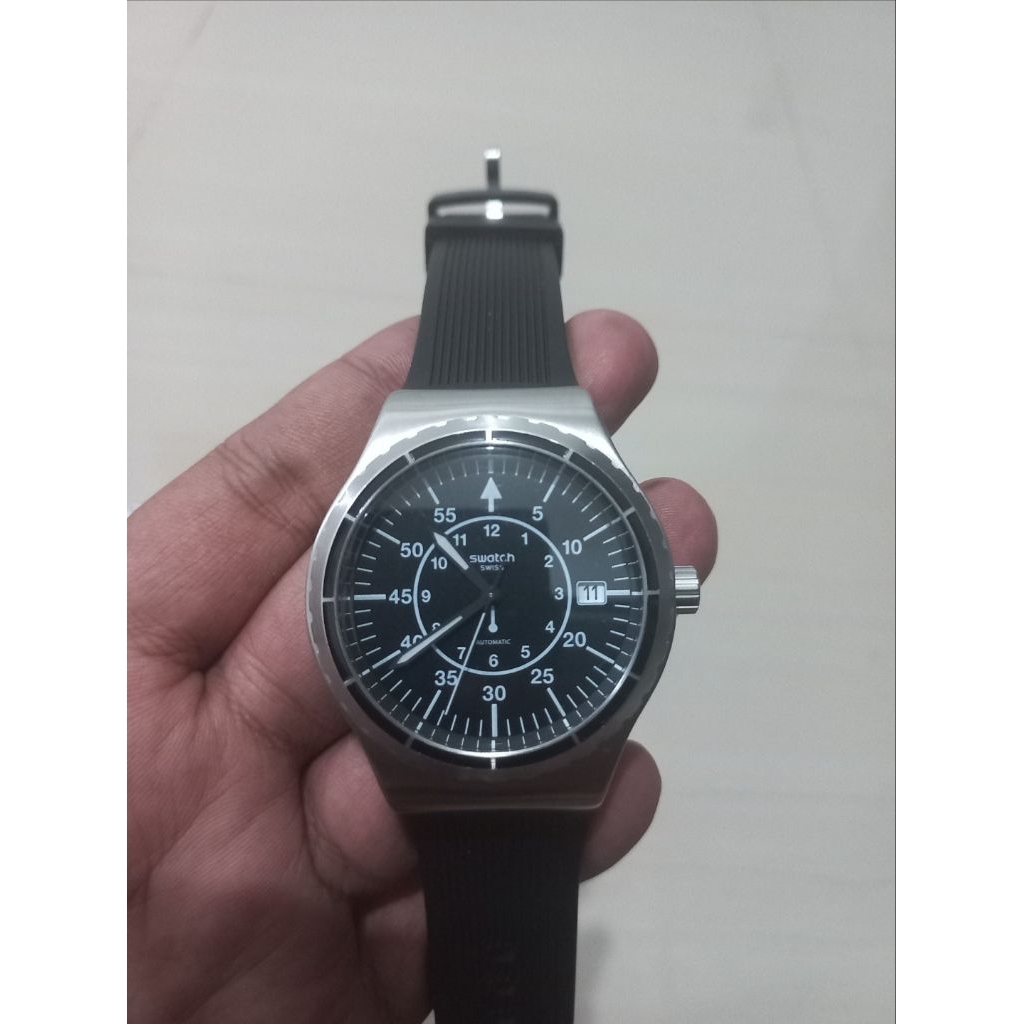 Swatch Irony YIS403 Sistem Arrow Automatic Black Dial Black Rubber Strap