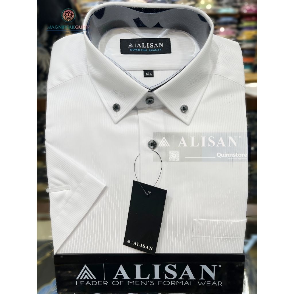 ALISAN Original Kemeja Dobby Kerah Kombinasi - Lengan Pendek - Reguler - PUTIH - Varian Size 14 - 18
