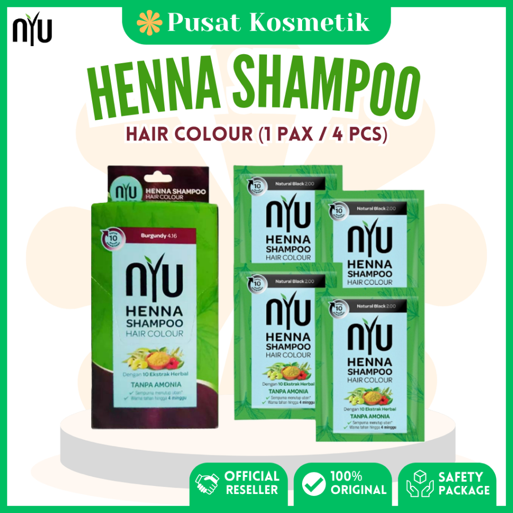 NYU Henna Shampoo Hair Colour | Cat Rambut Natural Brown, Black, Burgundy (1 BOX isi 4 PCS)