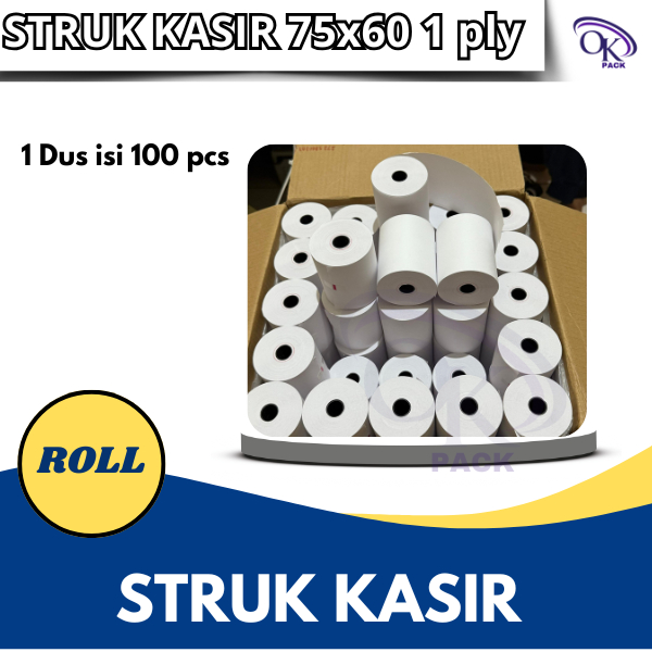 

KERTAS STRUK THERMAL PAPER ROLL 75x60 1 Ply (1 Dus isi 100 Roll )TERMAL EDC THERMAL PRINTER MINI BLUETOOTH 75x60MM