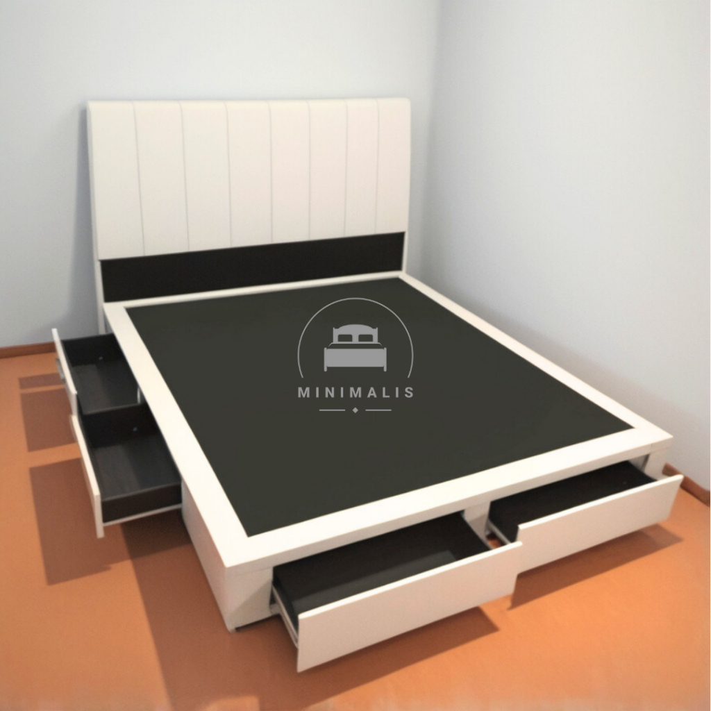 Dipan Laci Minimalis | Divan Ranjang Tempat Tidur Dan Sandaran 4 Laci | Bahan Kayu Tanpa Kasur