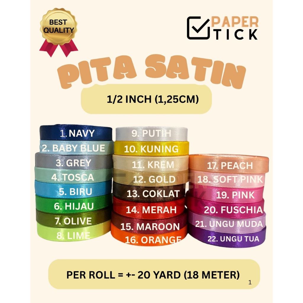 

Pita Satin 1/2 Inch (1.25cm) Harga Per Roll 20yard ( 18 Meter) Pita Kado Hampers Gift