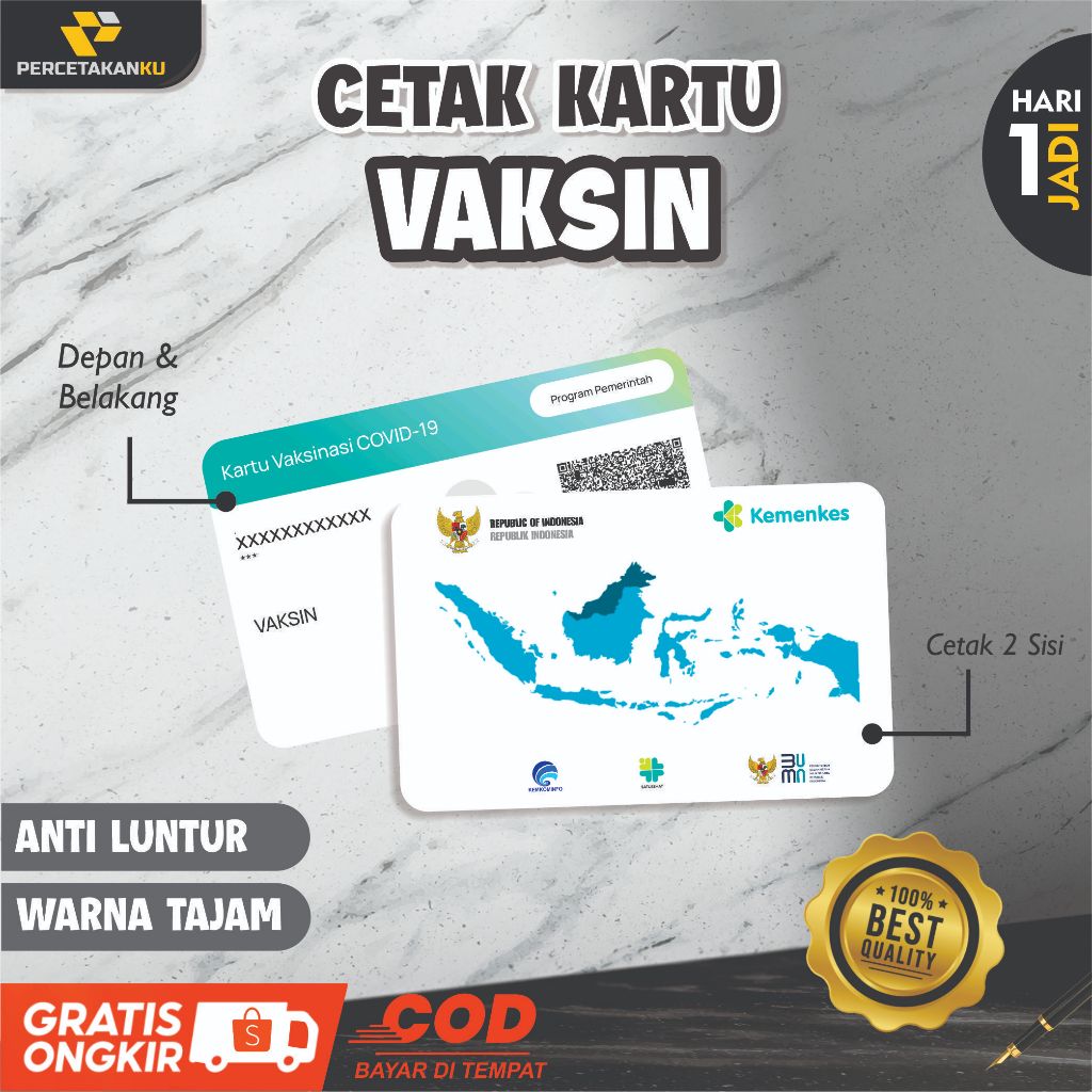 

Cetak Kartu Vaksin Bisa Satuan Anti Luntur Bahan PVC Tebal 2 SISI Murah