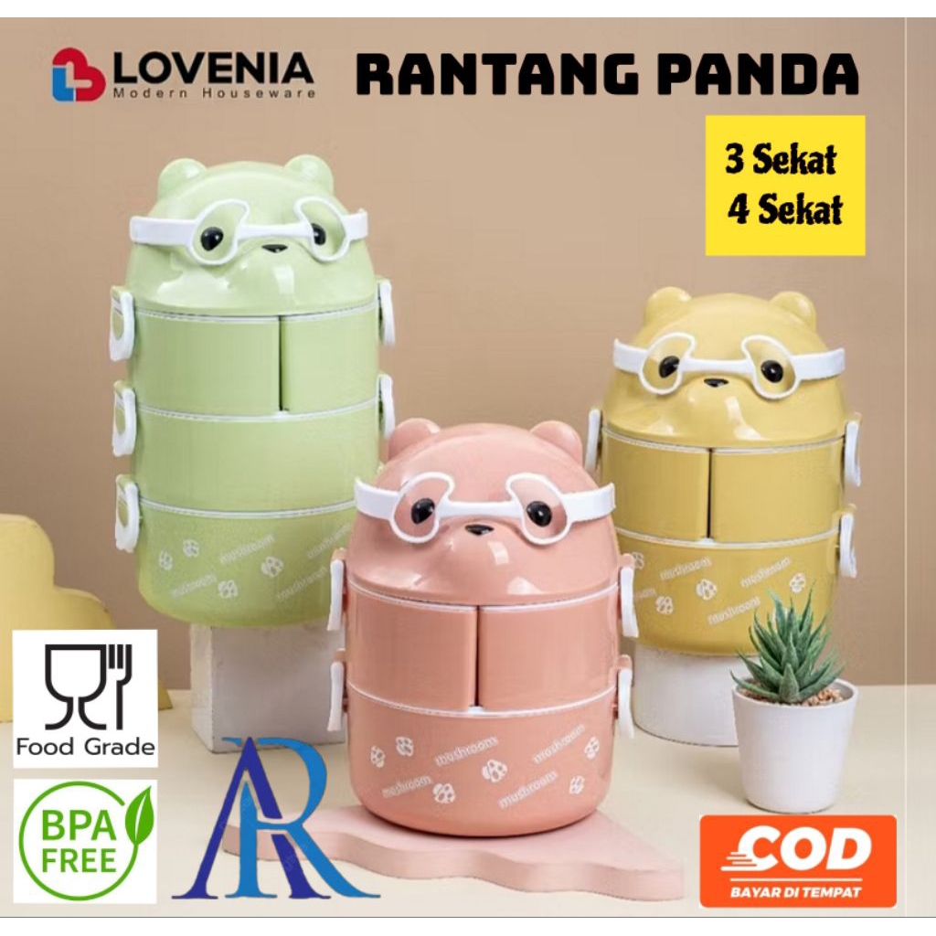 Rantang Panda Sekat Susun 3 & Susun 4 bonus Sendok Makan Plastik / Lunch Box Beruang/ Lovenia Rantan